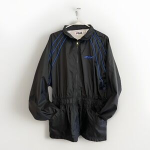 Fila Jacket Mens XL Black Blue Nylon Windbreaker Mesh Lined Elastic Waist